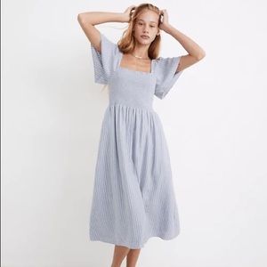 Madewell Linen-Blend Lucie Smocked Midi Dress in blue stripe